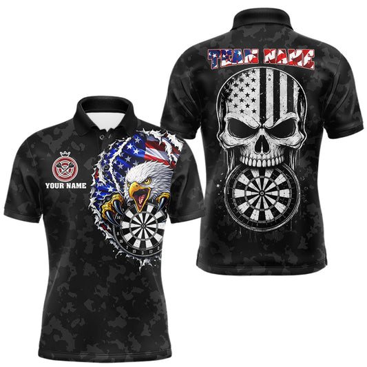 Maxcorners Personalized American Flag Skull Eagle Camo Darts Shirts For Men Patriotic Darts Team Outfits | Black