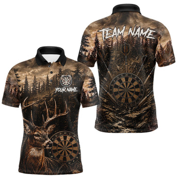 Maxcorners Funny Deer Dart Polo Quarter-Zip Shirt For Men Custom Brown Grunge Forest Dart Tournament Jersey