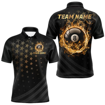 Maxcorners Fire Flame 8 Ball Pool Polo Quarter-Zip Billiard Shirt For Men Custom Gold Billiard Team Attire LM0409