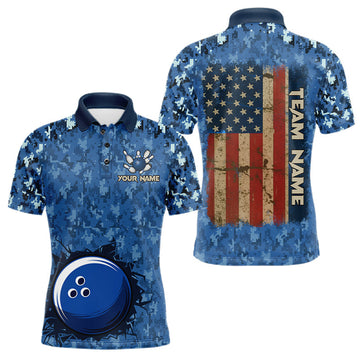Maxcorners Custom Bowling Polo 1/4-Zip Shirt For Men Patriotic USA Flag & Blue Camo Bowler Team Jersey