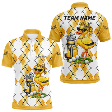 Maxcorners Mens Funny Duck Golfer Polo Golf Shirts Custom White Yellow Argyle Golf Team Attire For Golfers LM1104