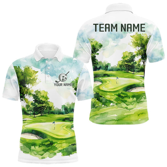 Maxcorners Mens Golf Polo Shirts Personalized Green Watercolor Golf Course Matching Couples Golf Shirts