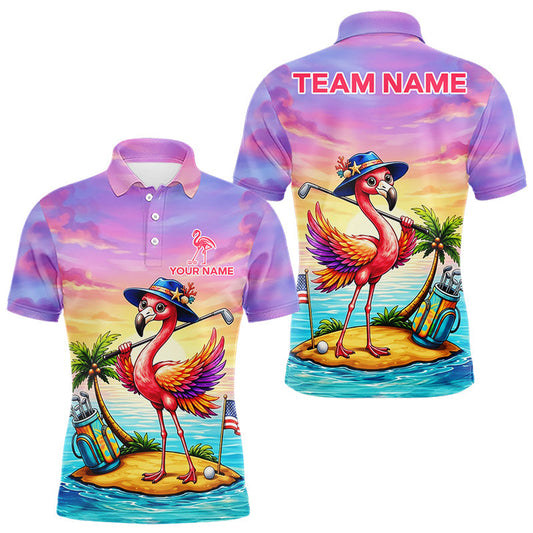 Maxcorners Funny Flamingo Island Golf Ball Mens Golf Polo Shirts Custom Tropical Flamingo Golf Attire