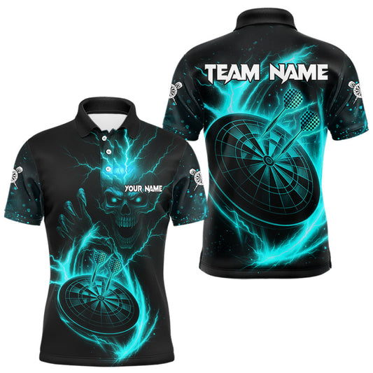 Maxcorners Custom Lightning Dartboard Turquoise Skull Dart Men Polo Jerseys Dart Tournament Shirt LM2603