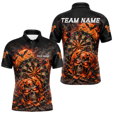 Maxcorners Custom Skull Pumpkin Darts Polo 1/4-Zip Shirt For Men Spooky Halloween Darts Tournament Jersey