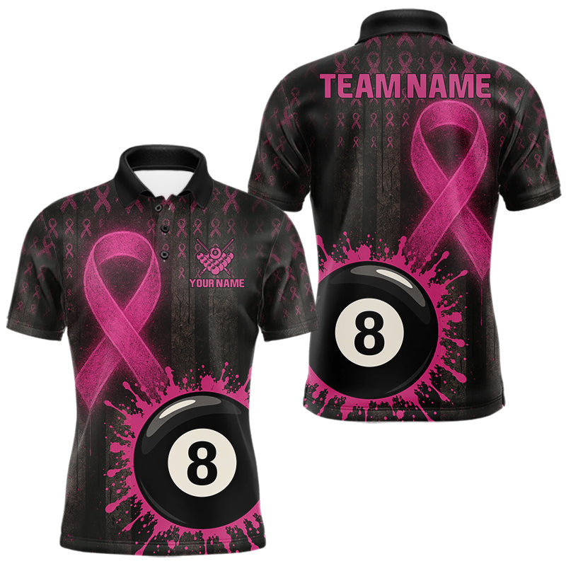 Maxcorners Billiard Breast Cancer Shirt For Men Personalized Pink Ribbon 8 Ball Pool Polo 1/4-Zip Jersey
