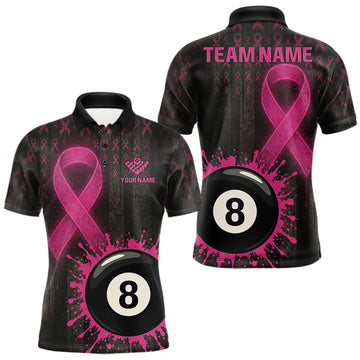 Maxcorners Billiard Breast Cancer Shirt For Men Personalized Pink Ribbon 8 Ball Pool Polo 1/4-Zip Jersey