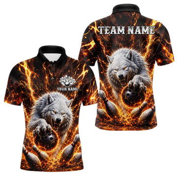 Maxcorners Gold Lightning Thunder Angry Wolf Bowling Polo 1/4 Zip Shirt For Men Custom Wolf Bowling Team Jersey LM0409
