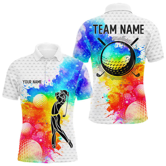 Maxcorners Mens White Pattern Golf Polo Shirt Custom Name Colorful Watercolor Golf Clothes, Golf Gifts