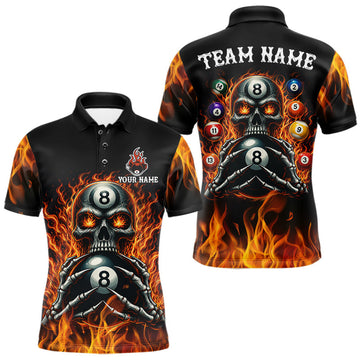 Maxcorners Custom Fire Flame Billiard 8 Ball Shirts For Men, Flame Skull Billiard Team Pool Jerseys | Red