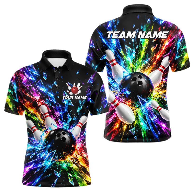 Maxcorners Colorful Crystal Broken Glass Mens Bowling Polo 1/4-Zip Shirt Custom Bowling Ball Pins Strike Jersey