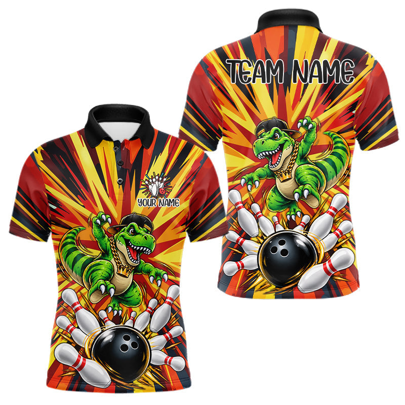 Maxcorners Funny Dinosaur Bowler Bowling Shirt For Men Personalized Yellow Strikes Bowling League Team Jersey
