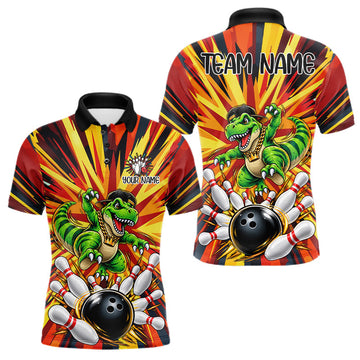 Maxcorners Funny Dinosaur Bowler Bowling Shirt For Men Personalized Yellow Strikes Bowling League Team Jersey