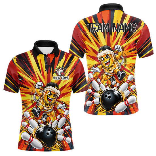 Maxcorners Funny Beer Bowler Bowling Shirt For Men Personalized Yellow Strikes Bowling League Team Jersey
