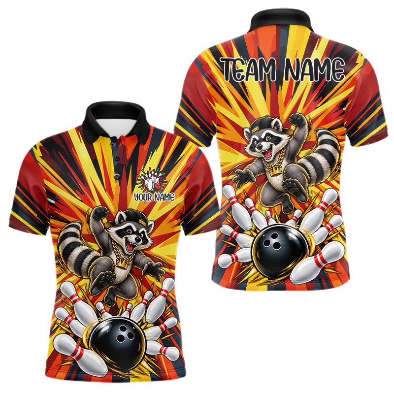 Maxcorners Funny Raccoon Bowler Bowling Shirt For Men Personalized Yellow Strikes Bowling League Team Jersey