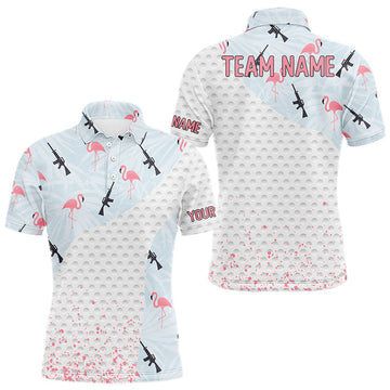 Maxcorners Funny Rifle & Flamingo Polo Shirt Mens Golf Polo Shirts Custom White Ball Pattern Golf Clothes