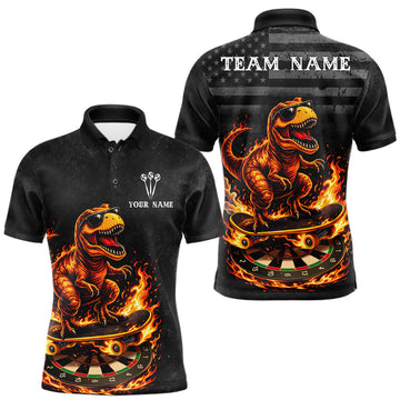 Maxcorners Custom Grunge Flame Dinosaur Darts Shirt Polo & 1/4 Zip Darts Jersey For Men US Flag Dart Outfit