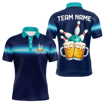 Maxcorners Personalized Beer Bowling Polo Quarter-Zip Shirt For Men Custom Blue & Teal Bowling League Uniform