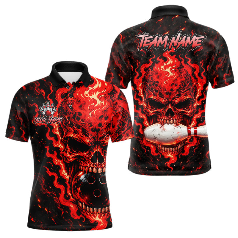 Maxcorners Custom Red Fire Skull Mens Bowling Polo Quarter-Zip Personalized Flaming Skull Bowling Jersey