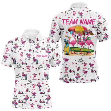 Maxcorners Funny Pink Flamingo Friends White Mens Polo Shirt Custom Flamingo Ladies Golf Outfits LM2704