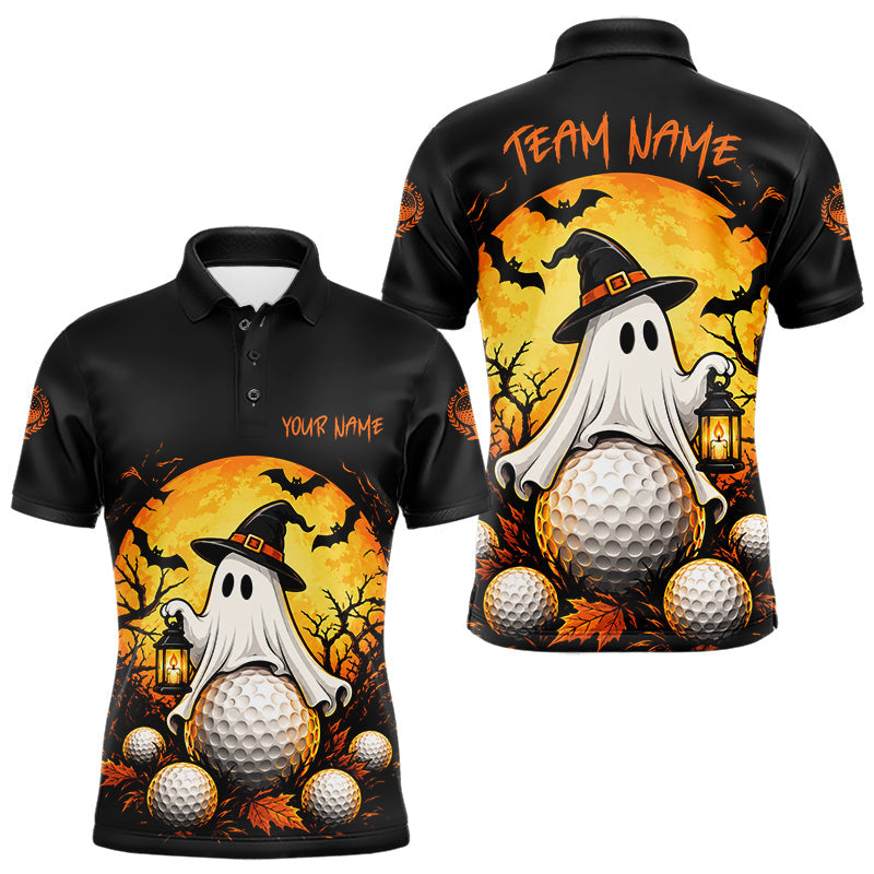 Maxcorners Custom Halloween Mens Golf Polo Shirt Personalized Spooky Ghost Golfer Halloween Golf Jersey