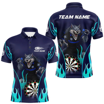 Maxcorners Personalized Funny Wolf Blue Flaming Darts Men Polo & 1/4-Zip Dart Shirt Wolf Dart Team Jerseys LM1903