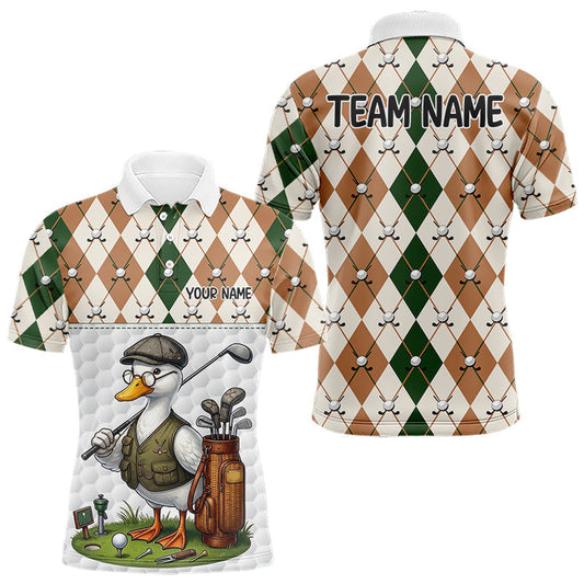 Maxcorners Funny Cool Duck Golf Polo Shirts For Men Green & Brown Argyle Custom White Ball Golf Apparel LM2704