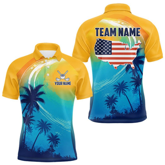 Maxcorners Summer Palm Trees Mens Golf Polo Shirts Personalized US Flag Golf Attire, Team Golf Gifts LM2306