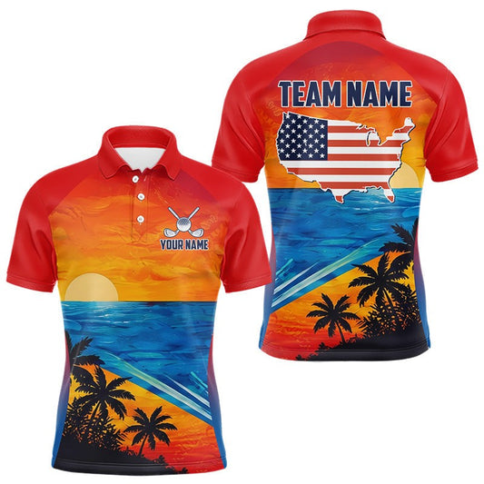 Maxcorners Palm Trees And Ocean Mens Golf Polo Shirts Custom US Flag Golf Attire, Summer Team Golf Gifts LM2306