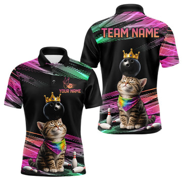Maxcorners Custom Funny Cat Crown Bowling Ball Shirt For Men Pink & Green Neon Bowling Polo & 1/4-Zip Jersey