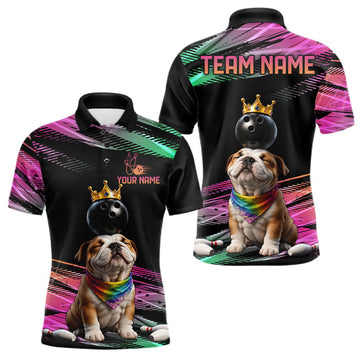 Maxcorners Custom Funny Bulldog Crown Bowling Ball Shirt For Men Pink & Green Neon Bowling Polo & 1/4-Zip Jersey
