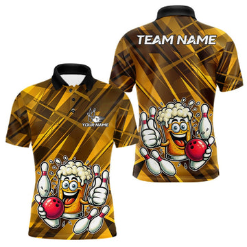 Maxcorners Neon Yellow Funny Beer Bowling Shirt For Men Custom Beer Bowling League Polo & 1/4-Zip Jersey LM0409