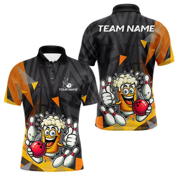 Maxcorners Black & Orange Funny Beer Bowling Shirt For Men Custom Beer Bowling League Polo & 1/4-Zip Jersey LM0409