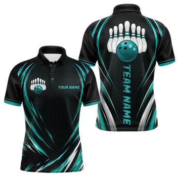 Maxcorners Mens Bowling Polo 1/4-Zip Shirts Custom Black And Teal Hexagon Bowling Team Jersey, Gift For Bowlers LM0409