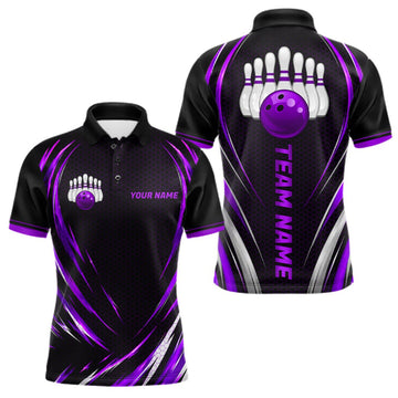 Maxcorners Mens Bowling Polo 1/4-Zip Shirts Custom Black And Purple Hexagon Bowling Team Jersey, Gift For Bowlers LM0409