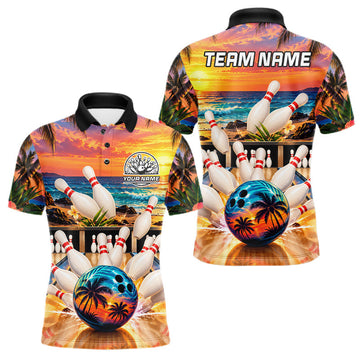 Maxcorners Sunset Beach Bowling Polo Quarter Zip Shirts For Men Custom Youth Bowling Team Jerseys