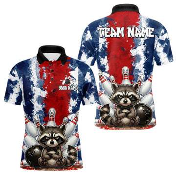 Maxcorners Funny Raccoon Bowling Ball & Pins Shirt For Men Custom Red & Blue Team Jersey Bowling League LM2306