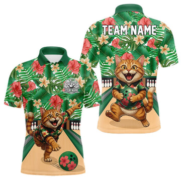 Maxcorners Funny Cat Green Tropical Flower Bowling Polo 1/4-Zip Shirts For Men Custom Bowling Team Jersey LM0409