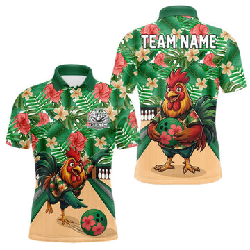 Maxcorners Funny Rooster Green Tropical Flower Bowling Polo 1/4-Zip Shirts For Men Custom Bowling Team Jersey LM0409