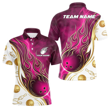 Maxcorners Custom Gold And Pink Flames Bowling Team Jerseys, Bowling League Polo & 1/4-Zip Shirt For Men LM0409