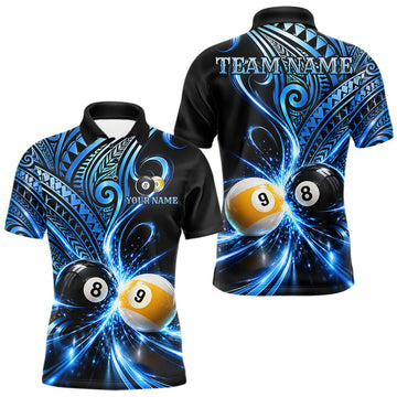 Maxcorners Custom Blue Polynesian Tribal Pool Polo 1/4-Zip Shirt For Men 8 Ball 9 Ball Light Billiard Team Jersey