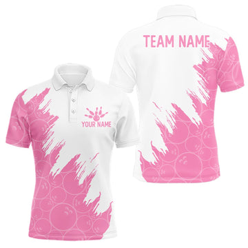 Maxcorners White & Pink Bowling Ball Pattern Mens Bowling Shirt Custom Polo & Quarter-Zip Bowling Team Jersey LM0409