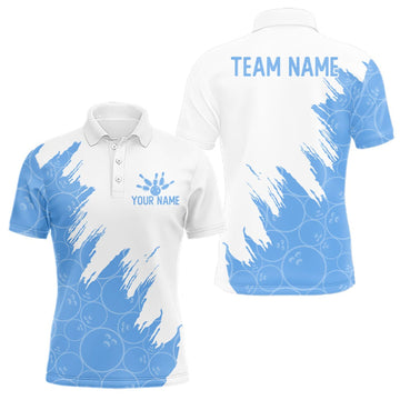 Maxcorners White & Blue Bowling Ball Pattern Mens Bowling Shirt Custom Polo & Quarter-Zip Bowling Team Jersey LM0409