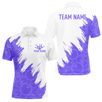 Maxcorners White & Purple Bowling Ball Pattern Mens Bowling Shirt Custom Polo & Quarter-Zip Bowling Team Jersey LM0409