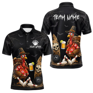 Maxcorners Custom Funny Beer Turkey Pumpkin Bowling Shirt For Men Polo & Quarter-Zip Halloween Bowling Jersey LM0409
