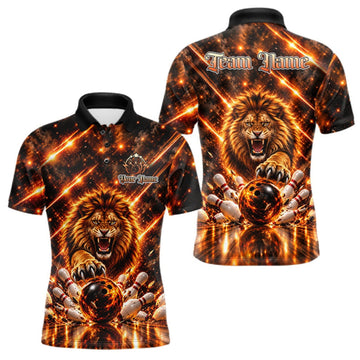 Maxcorners Fire Lion Bowling Shirt For Men Custom Lion Thunder Bowler Polo 1/4-Zip Jersey Bowling Team League LM2709