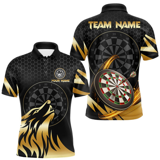 Maxcorners Black And Gold Horror Wolf Dart Shirts For Men Custom Thunder Dartboard Dart Team Name Jerseys LM2806
