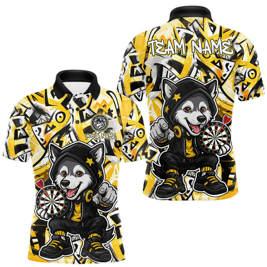 Maxcorners Funny Wolf Dart Shirts For Men Custom Black, White & Yellow Graffiti Dart Team Name Jerseys LM2806