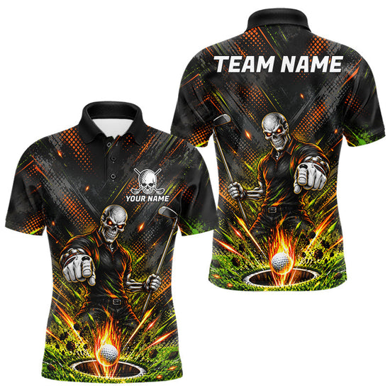 Maxcorners Personalized Skeleton Golf Polo Shirt For Men Flaming Golf Ball Hole Jersey Golfer Apparel Gift