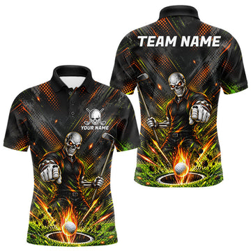 Maxcorners Personalized Skeleton Golf Polo Shirt For Men Flaming Golf Ball Hole Jersey Golfer Apparel Gift